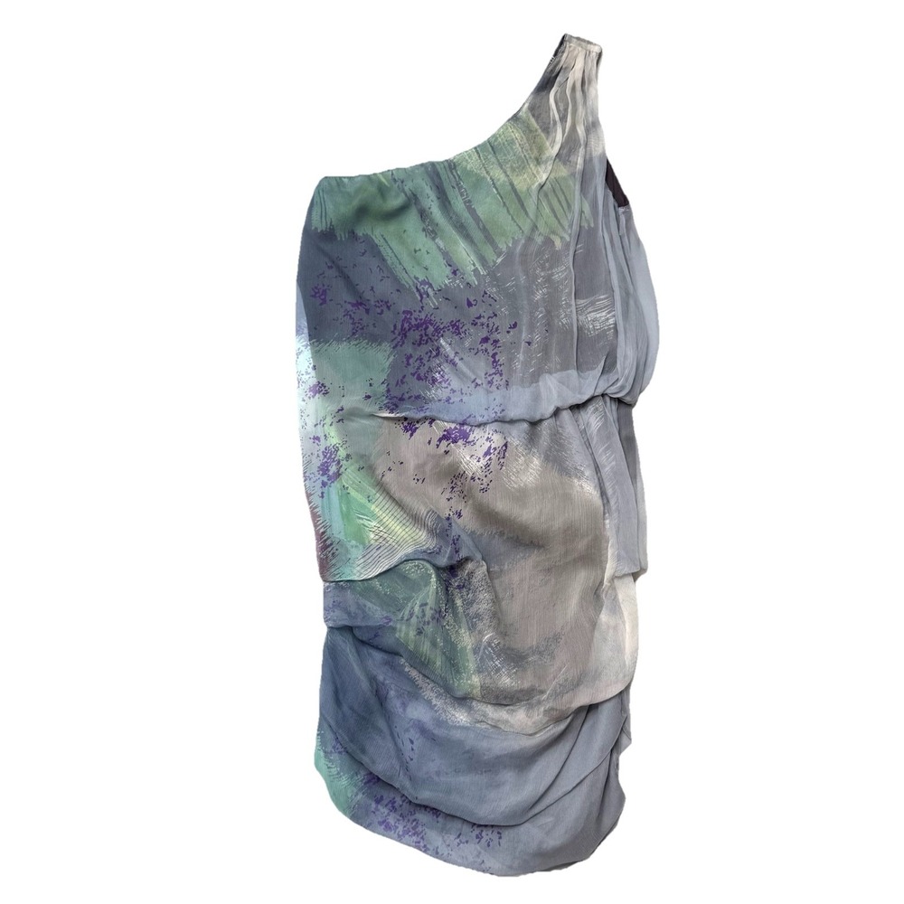 Leon Max Mini Dress Blue Gray 100% Silk One Shoulder LIMITED EDITION Ruched Sz S